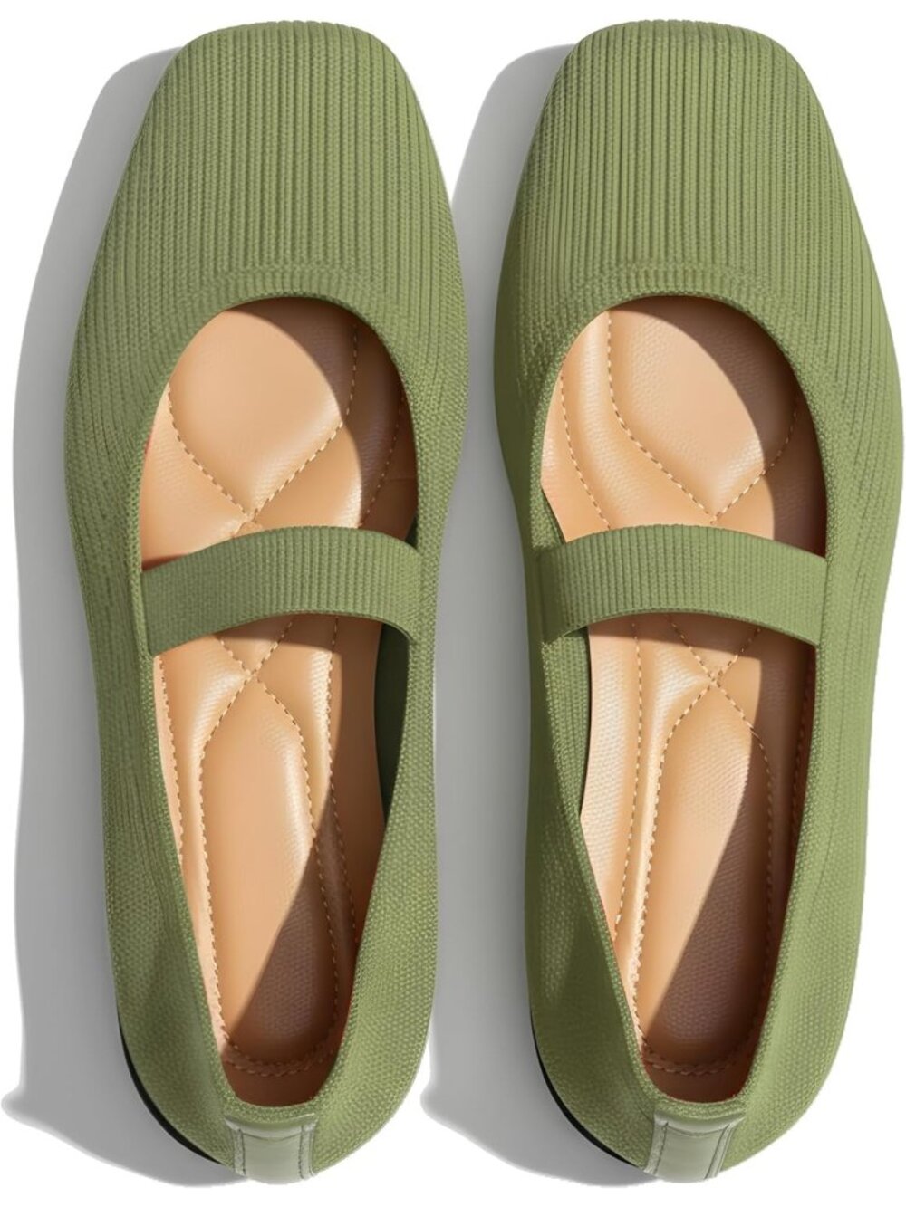 Women's Green Mesh Comfortable Elastic Strap Casual Square Toe Ballet Flat Shoes